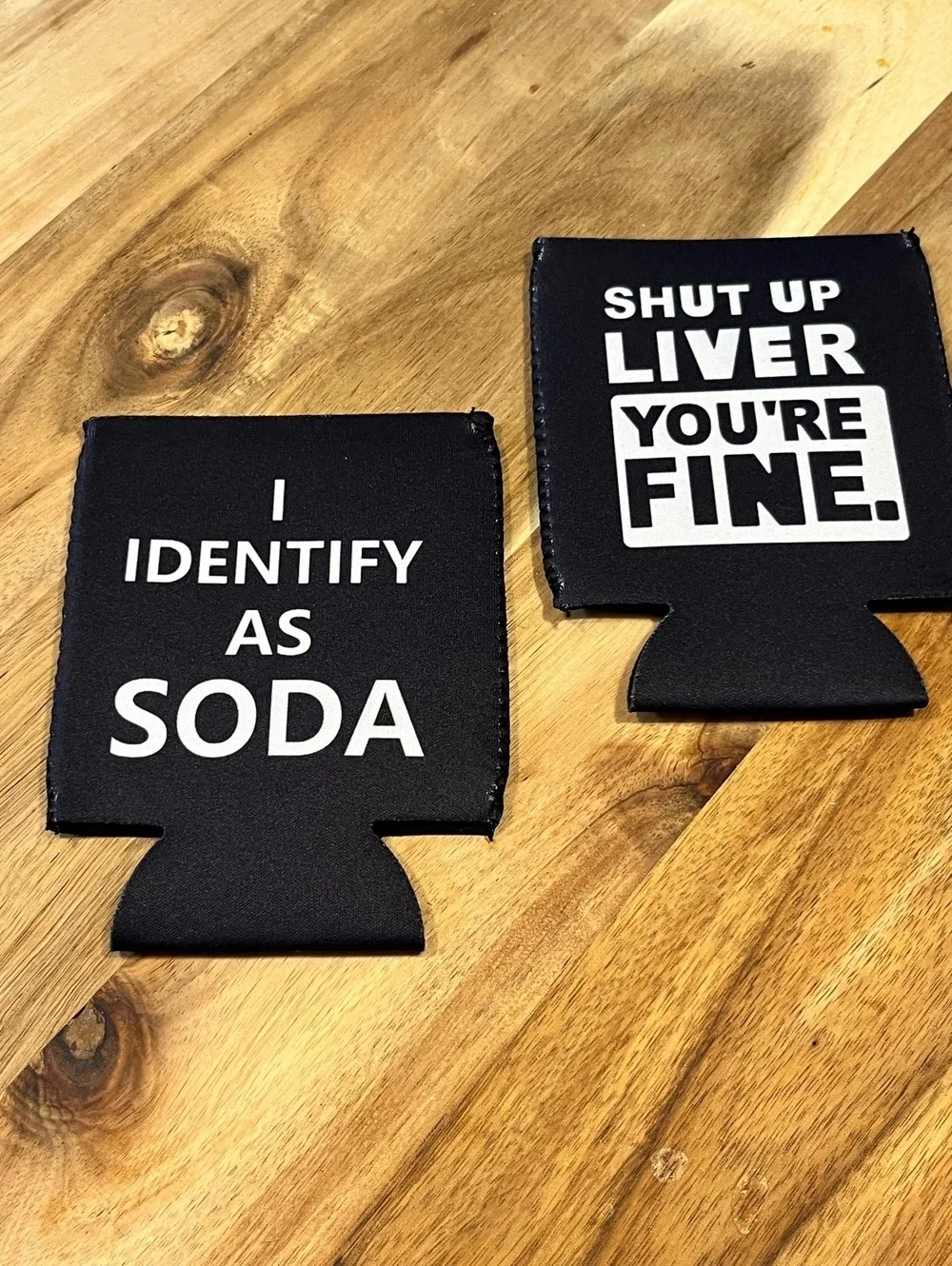 Funny Beverage Can Coolers - 'I Identify As Soda' & 'Shut Up Liver'